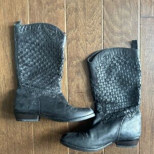 Farylrobin Womens Black Leather Woven Western Cowboy  Boots Size 8.5 Pull On